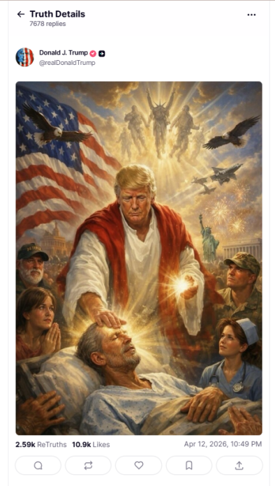 Trump publica imagem gerada por IA como se fosse Jesus após criticar papa Leão XIV