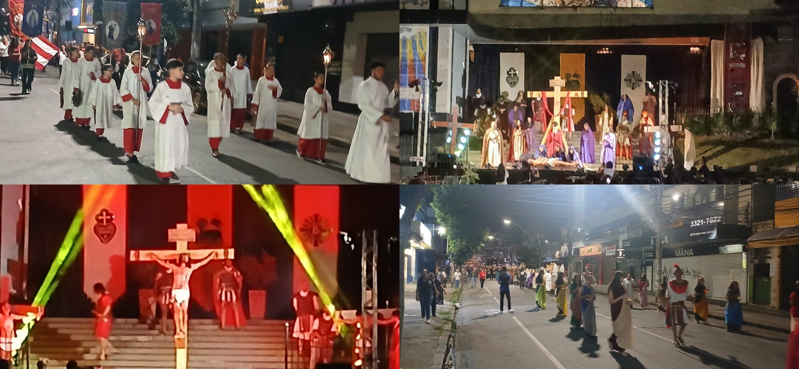 As imagens registram diferentes momentos da tradicional procissão de Sexta-feira Santa no Barreiro, desde a saída dos fiéis até a encenação da crucificação.