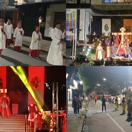 As imagens registram diferentes momentos da tradicional procissão de Sexta-feira Santa no Barreiro, desde a saída dos fiéis até a encenação da crucificação.